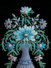 Load image into Gallery viewer, Hand embroidered turquoise silk blue flowers in tall vase on black velvet with semi precious stones, zardozi wall art.