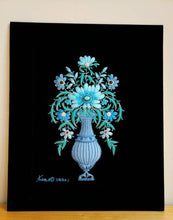 Load image into Gallery viewer, Hand embroidered turquoise silk blue flowers in tall vase on black velvet, zardozi wall art.
