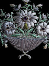 Load image into Gallery viewer, Hand embroidered silk floral tapestry wall art, embroidered gray silk flowers on black velvet with amethyst stone, zardozi tapestry, close up view.