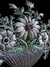 Load image into Gallery viewer, Hand embroidered silk floral tapestry wall art, embroidered gray silk flowers on black velvet with amethyst stone, zardozi tapestry, close up view.