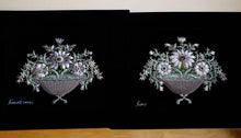 Load image into Gallery viewer, Two hand embroidered silk floral tapestries wall art, embroidered gray silk flowers on black velvet with amethyst stone, zardozi tapestry.