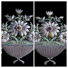 Load image into Gallery viewer, Two hand embroidered silk floral tapestries wall art, embroidered gray silk flowers on black velvet with amethyst stone, zardozi tapestry.