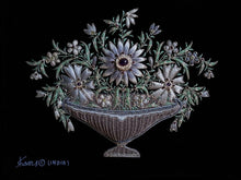 Load image into Gallery viewer, Hand embroidered floral tapestry wall art, gray silk flowers in vase embroidered on black velvet, zardozi tapestry.