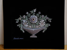 Load image into Gallery viewer, Embroidered floral tapestry wall art, embroidered gray flowers in taupe vase on black velvet, zardozi tapestry.
