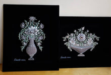 Load image into Gallery viewer, Set of two embroidered floral tapestry wall art, embroidered gray flowers in taupe vase on black velvet, zardozi tapestry.