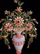 Load image into Gallery viewer, Hand embroidered floral wall art, embroidered orange silk flowers in tall vase on black velvet, zardozi wall art, close up view.