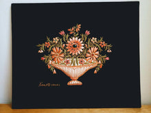 Load image into Gallery viewer, Hand embroidered floral tapestry wall art, orange peach color silk flowers embroidered on black velvet, zardozi tapestry.