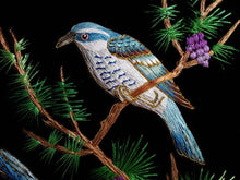 Load image into Gallery viewer, Embroidered bird tapestry of two blue birds embroidered in silk on black velvet with ornate border, zardozi art, close up view.
