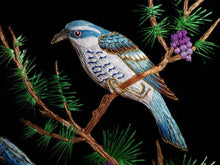 Load image into Gallery viewer, Embroidered bird tapestry of two blue birds embroidered in silk on black velvet with ornate border, zardozi art, close up view.