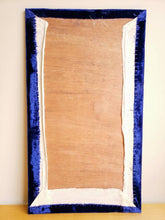 Load image into Gallery viewer, Embroidered silk bird tapestry, purple crane posing in grassland with ornate border, zardozi art, rear view, mounted on wood.