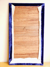 Load image into Gallery viewer, Embroidered peacock tapestry, embroidered silk and velvet tapestry of two peacocks with blue border, zardozi wall art, back view.