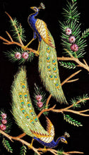 Load image into Gallery viewer, Embroidered peacock wall art, embroidered silk and velvet tapestry of two peacocks with blue border, zardozi wall art, close up view.