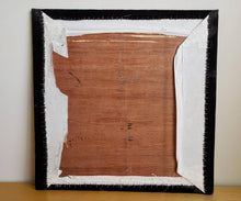 Load image into Gallery viewer, Embroidered silk peacock tapestry with metallic threads and green onyx stones on black velvet in zardozi style, back view of wood board.