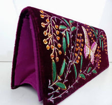 Load image into Gallery viewer, Magenta purple velvet evening bag embroidered with purple butterfly, zardozi purse, side view.