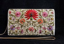 Load image into Gallery viewer, Ivory silk clutch bag embroidered with red and multicolor silk flowers with gold tone chain, zardozi evening bag.