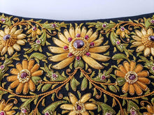 Load image into Gallery viewer, Designer hand embroidered yellow and gold lotus flower clutch bag with rubies.