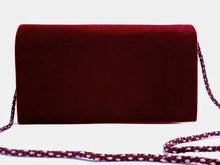Load image into Gallery viewer, Burgundy velvet clutch bag embroidered with copper metallic flowers and embellished with semi precious stones, cord strap, zardozi evening bag, back view. 
