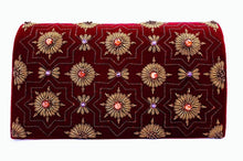 Load image into Gallery viewer, Burgundy velvet clutch embroidered with copper metallic medallions and embellished with semi precious stones, zardozi evening bag.

