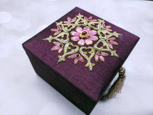Load image into Gallery viewer, Small square purple silk gift box, jewelry box embroidered with coral colored flower and star ruby, zardozi box.
