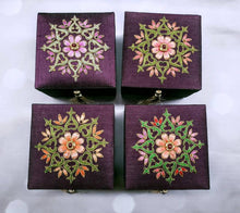 Load image into Gallery viewer, Set of four embroidered purple silk gift boxes, jewelry boxes with multicolor embroidered flowers and star ruby, zardozi box.
