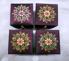 Load image into Gallery viewer, Set of four embroidered purple silk gift boxes, jewelry boxes with multicolor embroidered flowers and star ruby, zardozi box.