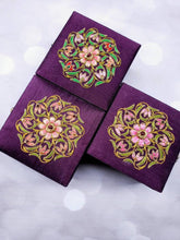 Load image into Gallery viewer, Set of three small square purple silk jewelry box gift box embroidered with flowers and star ruby, zardozi box.