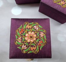 Load image into Gallery viewer, Small purple silk jewelry box gift box embroidered with multicolor flower and star ruby, zardozi box. 
