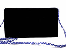 Load image into Gallery viewer, Navy blue velvet clutch bag embroidered with silver and teal art deco inspired design and embellished with semi precious stones, zardozi evening bag, cord strap, back view. 
