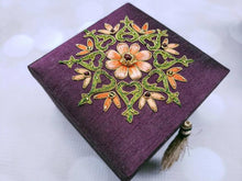 Load image into Gallery viewer, Small square purple silk gift box, jewelry box embroidered with orange flower and star ruby, zardozi box.