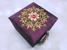Load image into Gallery viewer, Small square purple silk gift box, jewelry box embroidered with coral colored flower and star ruby, zardozi box.