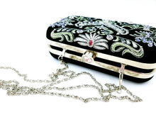 Load image into Gallery viewer, Formal black minaudiere clutch bag jewel purse embroidered in Wings of Isis pattern, with silvertone chain, top view
