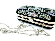 Load image into Gallery viewer, Formal black minaudiere clutch bag jewel purse embroidered in Wings of Isis pattern, with silvertone chain, top view