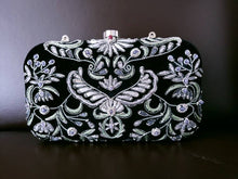 Load image into Gallery viewer, Black velvet minaudiere box clutch bag with gray floral embroidery and blue chalcedony stones.
