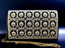 Load image into Gallery viewer, Luxury black velvet purse embroidered with gold work and embellished with genuine green onyx stones.