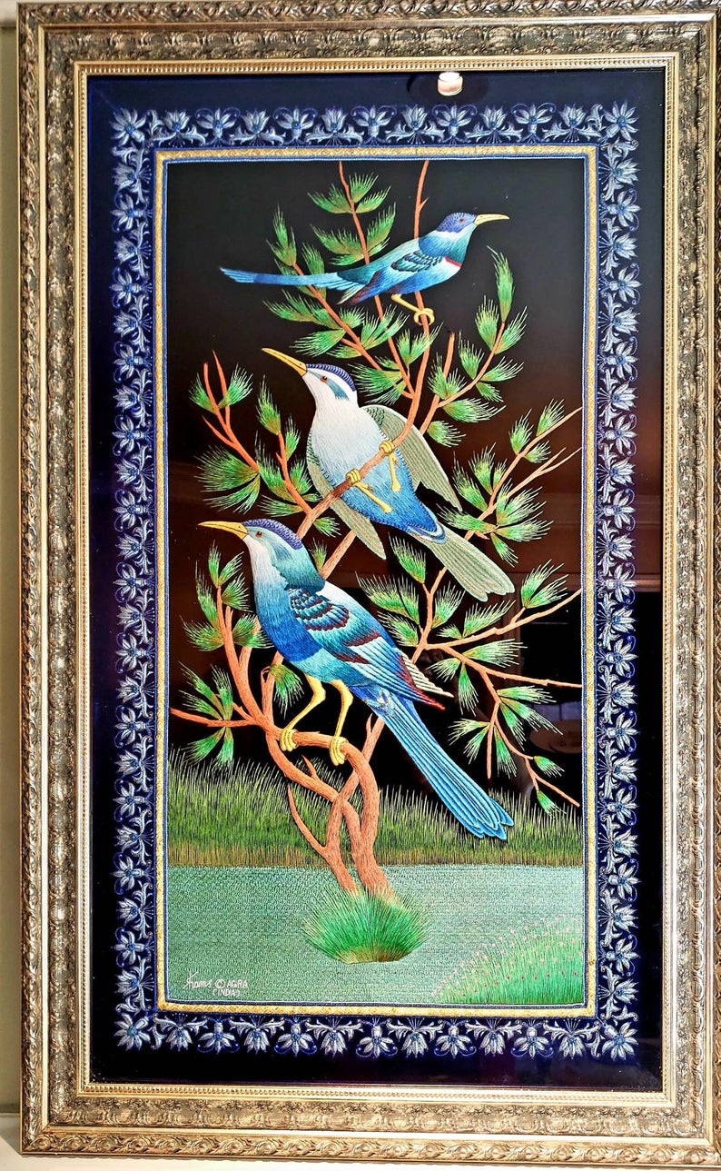 Embroidered bird wall art, three bluebirds in a tree embroidered in silk on black velvet with ornate border, framed, zardozi art. 