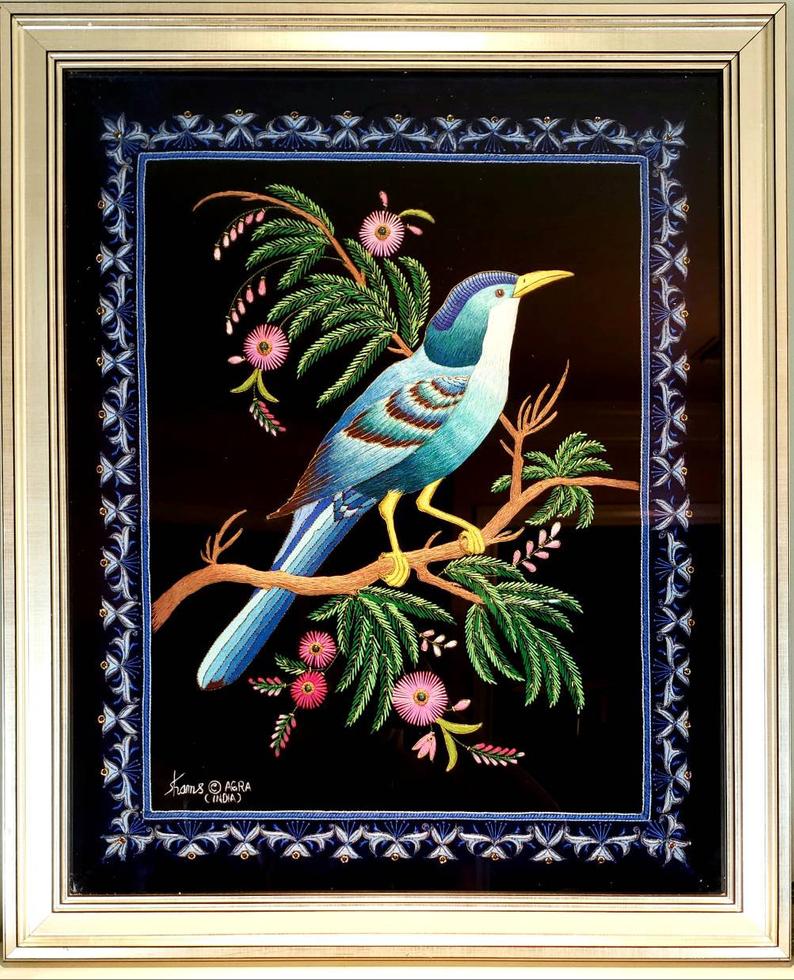 Embroidered bird wall art, large silk blue bird embroidered on black velvet with ornate border, framed, zardozi art. 