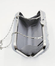 Load image into Gallery viewer, Zardozi evening bag clutch minaudiere in gray velvet, interior view.