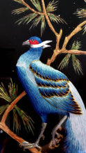 Load image into Gallery viewer, Framed embroidered bird tapestry, embroidered blue silk pheasant on black velvet with ornate border, zardozi art, close up view of head and wing.