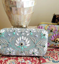 Load image into Gallery viewer, Luxury floral embroidered gray velvet box clutch minaudiere embroidered wtih white and gray lotus flowers and semi precious gemstones. 
