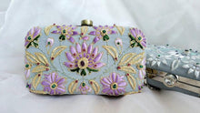 Load image into Gallery viewer, Purple lotus flower embroidered on gray velvet box clutch embellished with genuine stones
