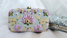 Load image into Gallery viewer, Purple lotus flower embroidered on gray velvet box clutch embellished with genuine stones