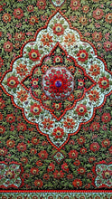 Load image into Gallery viewer, Hand embroidered red floral silk tapestry wall hanging, zardozi jewel carpet wall art, framed, close up view of central medallion.