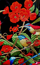 Load image into Gallery viewer, Large statement one of a kind velvet and silk hand embroidered wall art of colorful exotic birds in a red bush, close up view. 
