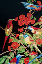 Load image into Gallery viewer, Birds of Paradise hand embroidered silk tapestry of eight colorful birds in a red flower bush, close up view.
