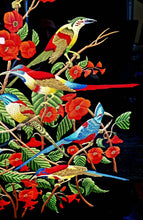 Load image into Gallery viewer, Birds of Paradise hand embroidered silk tapestry of eight colorful birds in a red flower bush, masterpiece of zardozi art, close up view.