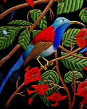 Load image into Gallery viewer, Exclusive hand embroidered silk wall art of eight colorful birds in a red flower bush, close up view.