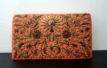 Load image into Gallery viewer, Exquisite orange silk clutch bag embroidered all over in a floral pattern in autumn colors
