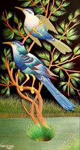 Load image into Gallery viewer, Embroidered birds wall art, three blue birds in a tree embroidered in silk on black velvet with ornate border, framed, zardozi art.
