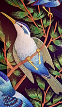 Load image into Gallery viewer, Embroidered birds wall art, three blue birds in a tree embroidered in silk on black velvet with ornate border, framed, zardozi art, close up of feathers.
