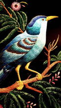 Load image into Gallery viewer, Embroidered bird wall art, large silk blue bird embroidered on black velvet with ornate border, framed, zardozi art, close up view.